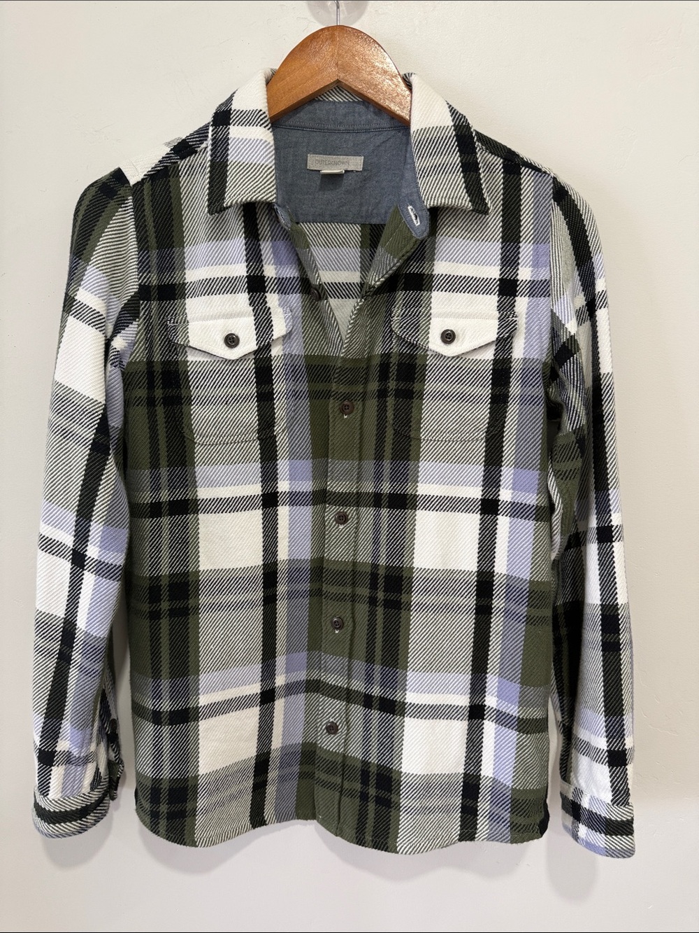 Outerknown Olive Green, White & Black Plaid Button-Down Shirt